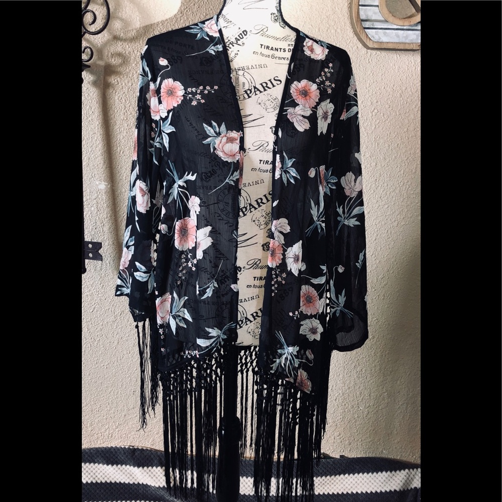 Floral black sheer fringe Kimono